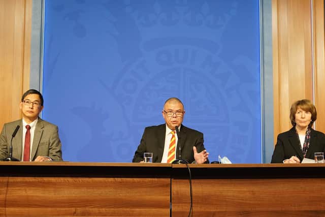 (left to right) Professor Wei Shen Lim, Professor Jonathan Van Tam and Dr June Raine during a media briefing in Downing Street