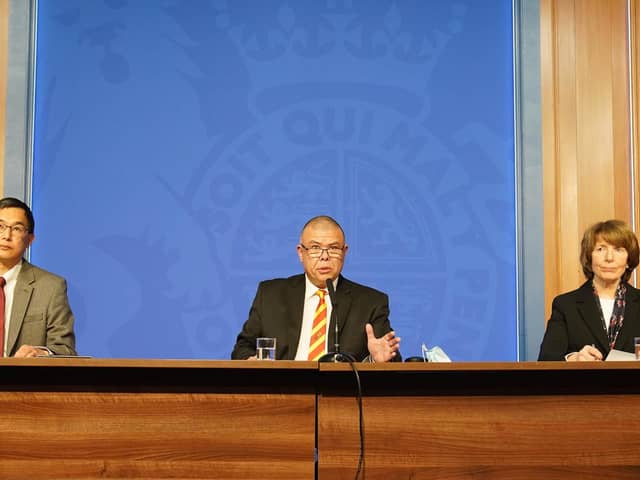 (left to right) Professor Wei Shen Lim, Professor Jonathan Van Tam and Dr June Raine during a media briefing in Downing Street