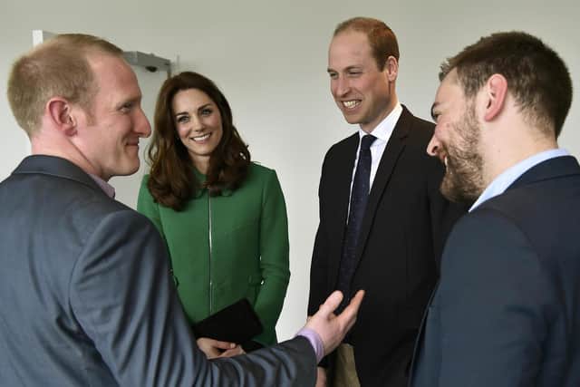 The Duke and Duchess of Cambridge with former patient Jonny Benjamin and Neil Laybourn (left) during their visit to St Thomas' Hospital in London while promoting mental health issues and to highlight the help available for those who threaten to take their own lives.