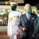 The Prince of Wales chats with Sandra Mason, the former Governor General and President Elect of Barbados, upon his arrival at Grantley Adams International Airport, Bridgetown, Barbados.