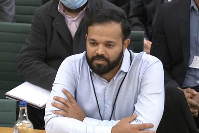 Former Yorkshire cricketer Azeem Rafiq giving evidence at the inquiry into racism Picture: House of Commons/PA