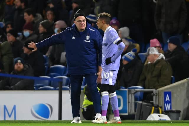 FUTURE NOT SO BRIGHT: Marcelo Bielsa speaks with Raphinha at the AMEX Stadium Picture: Mike Hewitt/Getty Images