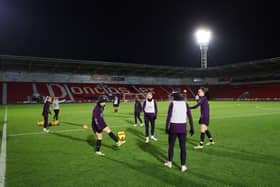 England's Lauren Hemp, Alessia Russo and Jill Scott participate in a training session at Doncaster's Keepmoat Stadium ahead of Tuesday night's World Cup qualifier against Latvia. Picture: Lynne Cameron/The FA/Getty Images