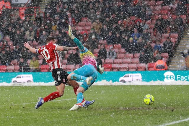 Sheffield United captain Billy Sharp scores the second goal against Bristol City at Bramall Lane on Sunday. Picture: Simon Bellis/Sportimage