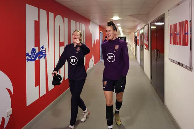ON THE BRINK: England’s Ellen White, right, with Jill Scott needs one goal to equal Kelly Smith’s record of 46 and she could do so against Latvia at Doncaster tonight. Picture: Lynee Cameron/Getty Images