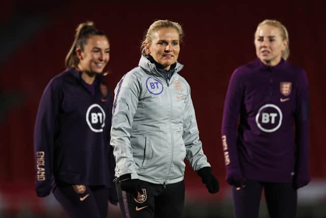 England coach Sarina Wiegman looks on during a training session at the Keepmoat Stadium in Doncaster Picture: Lynne Cameron/The FA/Getty Images