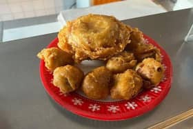 The battered pigs in blankets with a deep fried Yorkshire pudding