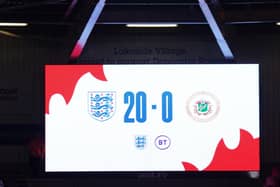 What a scoreling: The scoreboard reading 20-0 during the Women's FIFA World Cup Qualifying match between England and Latvia at the Keepmoat Stadium, Doncaster.