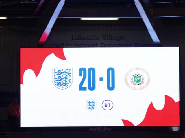What a scoreling: The scoreboard reading 20-0 during the Women's FIFA World Cup Qualifying match between England and Latvia at the Keepmoat Stadium, Doncaster.