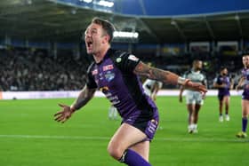 STICKING AROUND: Leeds Rhinos' Richie Myler celebrates his try against Hull FC in July this year - he has agreed a new three-year deal to remain at Headingley. Picture: Jonathan Gawthorpe