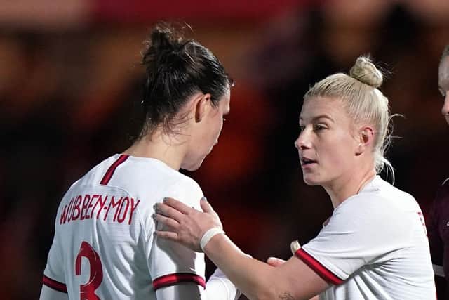 FORMER BELLE: Bethany England, right, after England's win over Latvia. Picture: Tim Goode/PA Wire.