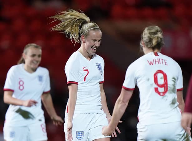 BIG WIN: England's Beth Mead celebrates scoring her side's fourth goal of the game against Latvia at the Keepmoat Stadium, Doncaster. Picture: Tim Goode/PA Wire.