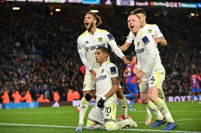 Leeds United celebrate Raphinha's dramatic winner from the spot. Picture: Bruce Rollinson.
