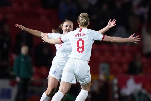 RECORD BREAKER: England's Ellen White celebrates scoring the Lionesses' third goal. Picture: Tim Goode/PA Wire.
