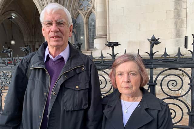 Andy and Angela Mays, aged 69 and 70 respectively, from Hull, outside The Royal Courts of Justice where today they secured a fresh inquest into the death of their 22-year-old daughter Sally Mays.