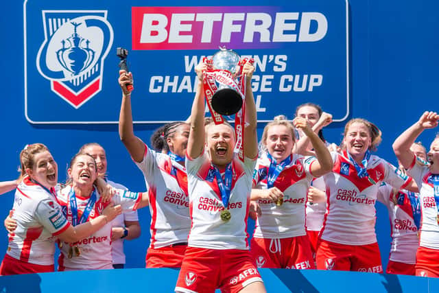 St Helens celebrate their Betfred Women's Challenge Cup success at York earlier this year. (ALLAN MCKENZIE/SWPIX)