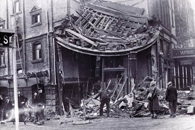 Bomb-damaged shops in the Sheffield Empire building 80 years ago. (Picture: Sheffield Newspapers).