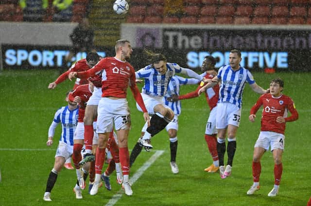 Action from Barnsley FC's derby draw with Huddersfield Town. Picture: Bruce Rollinson.