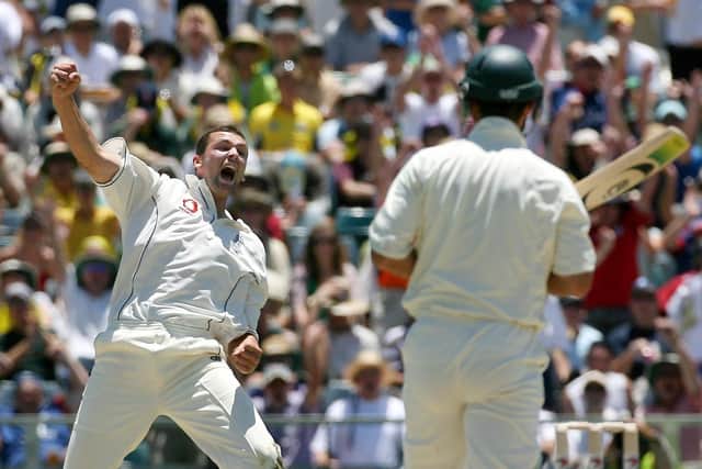 England's Steve Harmison celebrates dismissing Australian captain Ricky Ponting (right) during the first day of the third Test match at the WACA, Perth, Australia, in the 2006/07 series (Picture: PA)