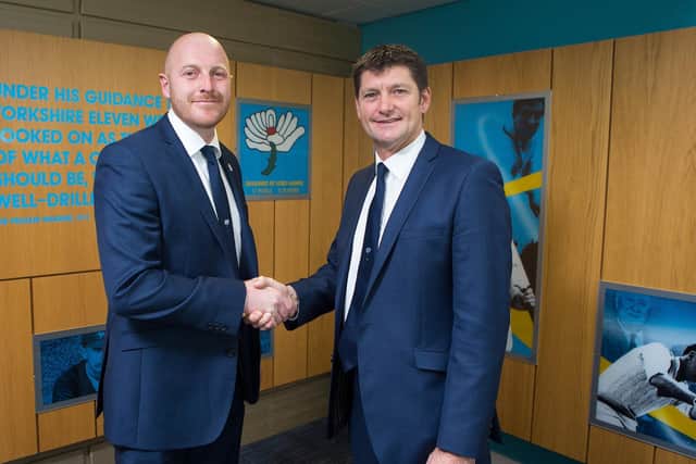 Back in 2016, Andrew Gale (L) is pictured with director of cricket Martyn Moxon (R) as he is announced as the new head coach for Yorkshire CCC. (Picture: SWPix.com)