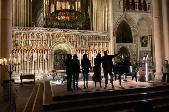 Damon Albarn and his accompanying string quartet are pictured at the end of his second performance at York Minster. (Photo: Paul Jeeves)