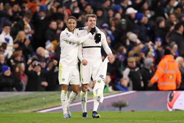 Patrick Bamford of Leeds United celebrates after scoring their side's second goal with Tyler Roberts. (Picture: George Wood/Getty Images)