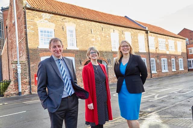 From left, David Donkin, Wykeland Group Property Director; Sarah Boughen, Assistant Principal, East Riding Campus, Linkage College; and Valerie Waby, Chief Executive, Linkage Community Trust; outside Flemingate House, the new home of Linkage College in Beverley.