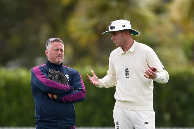 He's back: Darren Gough, left, salks to Stuart Broad during his spell with the England coaching staff. Picture: Getty Images.
