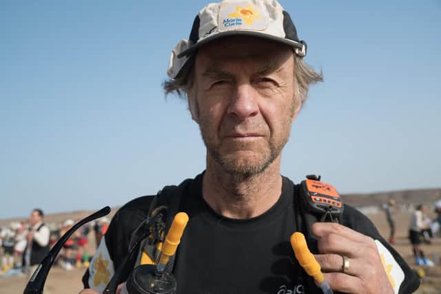 Sir Ranulph Fiennes taking part in the gruelling Marathon Des Sables
