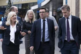 Front row left to right Mayor West Yorkshire Tracy Brabin, Mayor of Greater Manchester Andy Burnham and Mayor of South Yorkshire Dan Jarvis, outside Leeds Railway Station, following a meeting of the Transport for the North Board at the Queens Hotel in Leeds, in November 2021