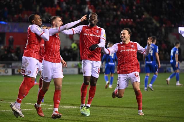 Dan Barlaser celebrates scoring  Rotherham's third goal from the spot. Pictures: Bruce Rollinson