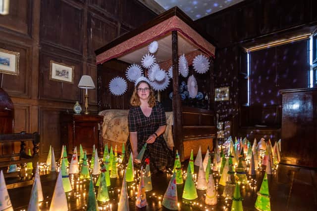 Nunnington Hall's Oak bedroom that features a community forest, with paper Christmas trees decorated by pupils from Slingsby Community Primary School, Helmsley Community Primary School, Norton Community Primary School and Rosedale Abbey Primary School. Image: James Hardisty