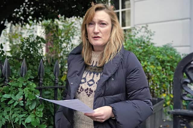Allegra Stratton speaking outside her home in north London where she announced that she has resigned as an adviser to Boris Johnson and offered her "profound apologies"
