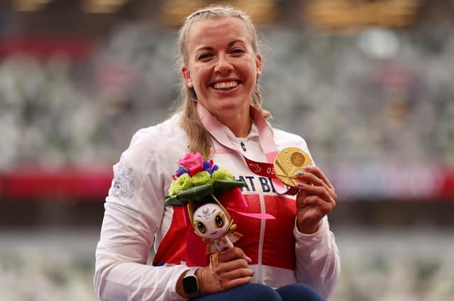 TOGold medalist Hannah Cockroft of Team Great Britain celebrates during the medal ceremony for the Women's 800m - T34 Final on day 11 of the Tokyo 2020 Paralympic Games at Olympic Stadium on September 4, 2021 in Tokyo (Picture: Naomi Baker/Getty Images)