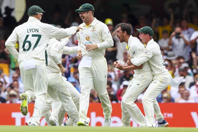 Australia's Mitchell Starc, second right, is congratulated by teammates after taking the wicket of England's Rory Burns during day one of the first Ashes cricket test at the Gabba in Brisbane. (AP Photo/Tertius Pickard)