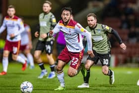 Levi Sutton on the charge for Bradford City against Colchester. Picture: Tony Johnson.