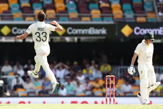 got him: England's Mark Wood celebrates the wicket of Australia's Steve Smith.