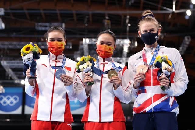 Medal winners: From left, Lingling Liu (silver), Xueying Zhu (gold) and bronze medallist Bryony Page.