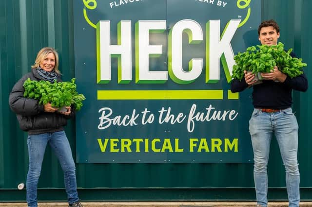 Co-founders Debbie and Jamie Keeble outside Heck's vertical farm at the headquarters in Bedale