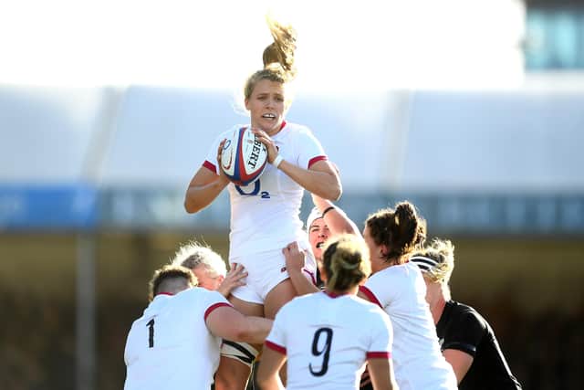 Zoe Aldcroft of England wins  a lineout during the Autumn International match between England Red Roses and New Zealand at Sandy Park on October 31, 2021 in Exeter, England. (Picture: Harry Trump/Getty Images)
