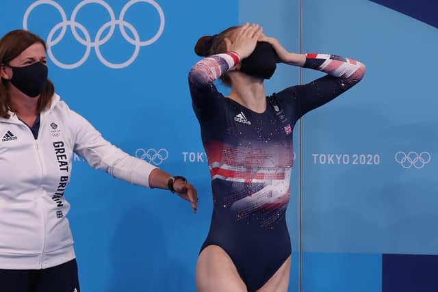Bryony Page of Team Great Britain reacts after winning the bronze medal in the Women's Trampoline Final on day seven of the Tokyo 2020 Olympic Games at Ariake Gymnastics Centre on July 30, 2021 in Tokyo, Japan. (Picture: Jamie Squire/Getty Images)