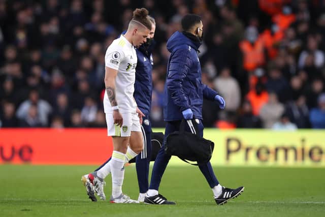 Kalvin Phillips of Leeds United leaves the pitch after receiving medical treatment last week. (Photo by George Wood/Getty Images)