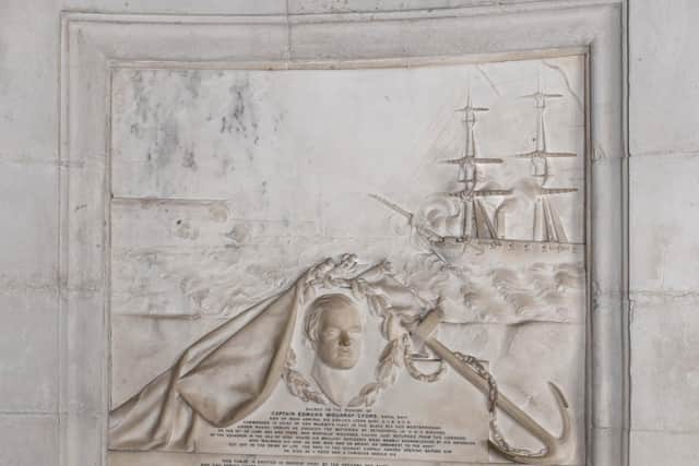 Edmund Noble, Monument to Captain Edmund Moubray Lyons (1819 – 1855), marble (1855), St Paul’s Cathedral. Photo: ‘Pantheons: Sculpture at St Paul's Cathedral’, University of York and the Chapter of St Paul's Cathedral.