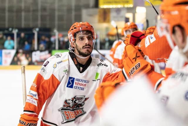 THANKS FOR COMING: Tommaso Traversa celebrates one of his two goals in Sheffield Steelers' 5-1 win at Coventry Blaze on Sunday. Picture: Scott Wiggins/EIHL.