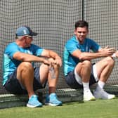 England Coach Chris Silverwood ( Left ) talks with James Anderson during a nets session at The Gabba, Brisbane. Photo: Jason O'Brien/PA Wire. .