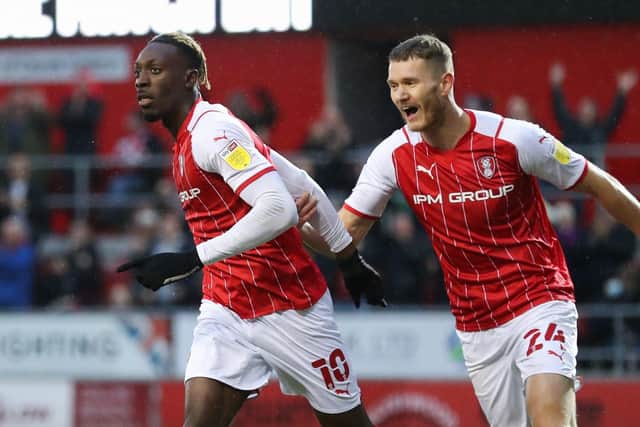 On target: Rotherham United's Freddie Ladapo celebrates scoring their first goal. Picture: PA
