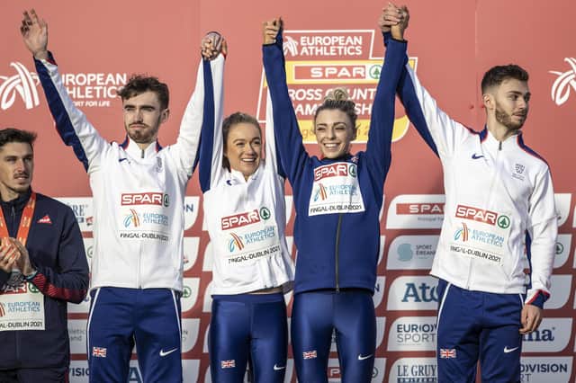 Alex Bell: Celebrates on the podium after winning mixed relay gold in Ireland. (Picture: Maja Hitij/Getty Images for European Athletics)
