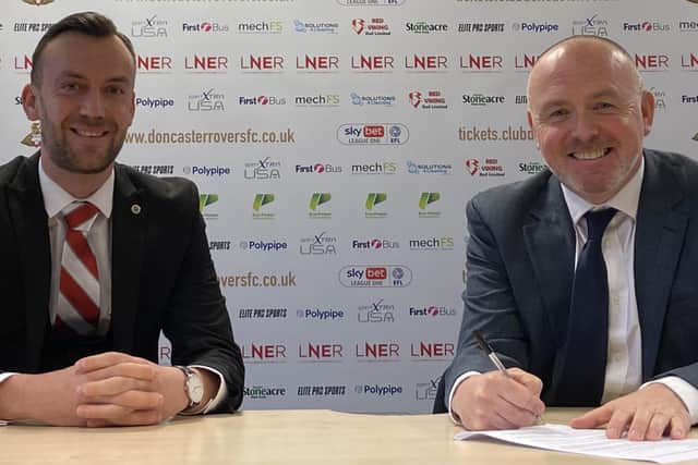 Deal makers: Club Doncaster's chief commercial officer, Jon Warburton, left, and Luis Calders group commercial director of Eco-Power. Picture: Doncaster Rovers