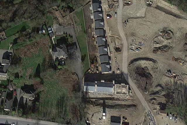 An aerial view of the site of “Pentlands” on New Mill Road above Holmfirth, where an existing house is to be bulldozed to create space for 15 new homes. (Image: Google)