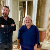 Nick Knowles is shown around Wentworth Woodhouse’s Marble Saloon by  the Trust’s Facilities Manager Julie Readman